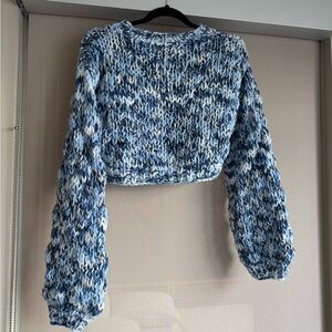 Chunky Cropped Vintage Blue and White Knit Sweater